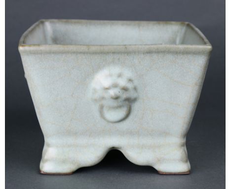 Chinese Guan-Type Square Censer, of square section with flared sides supported on a tall splayed bracket feet, each side deco