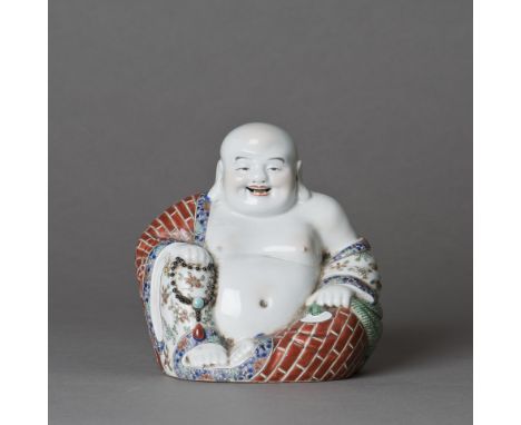 A Chinese Ceramic Maitreya Buddha, modelled wearing open robes, the monk potted with realistic folds of skin, holding prayer 