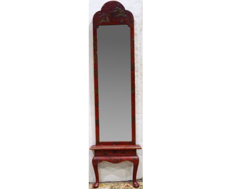 Queen Anne style chinoiserie decorated red laquer framed mirror, the crest having a scenic reserve, above the looking glass, 