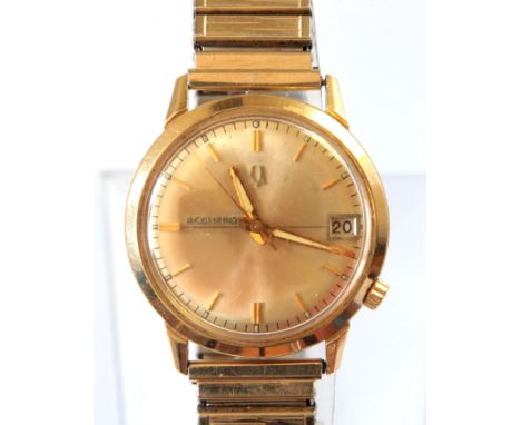Accutron 14k yellow gold, metal wristwatch

Dial: round, gold tone, satin sunburst, applied baton hour markers, blackened lum