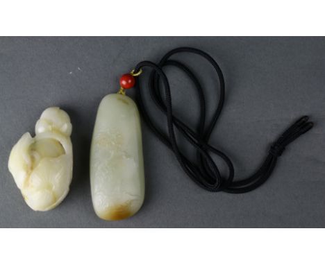 ( Lot of 2) Two Chinese jade carvings, both with one is a carved lotus root, with yellowish-white tone and mottled in gray st