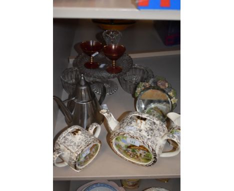 A collection of items including a Barbola dressing table mirror,Cake stand, jelly moulds,glasses and Sadler tea pot jug and s