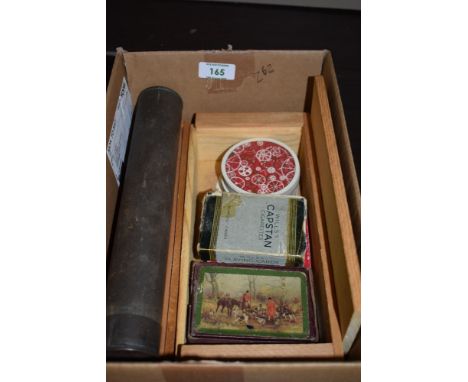 A selection of vintage playing cards and dominoes also a Hydrometer in tin case.