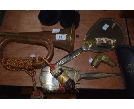 A part dressing table set, copper bugle in military style, Franklin mint knife and brass dog stick or cane topper.