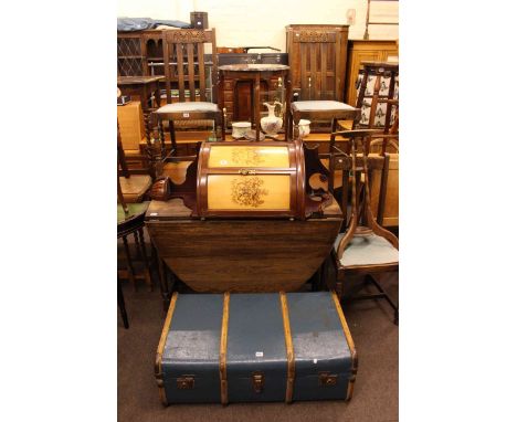 Victorian armorial panelled corner wall cupboard, oak drop leaf dining table, three oak dining chairs, occasional table, trif