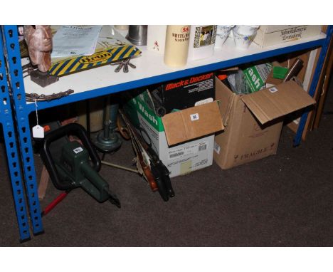 Various power tools, hedge trimmer, saws, etc