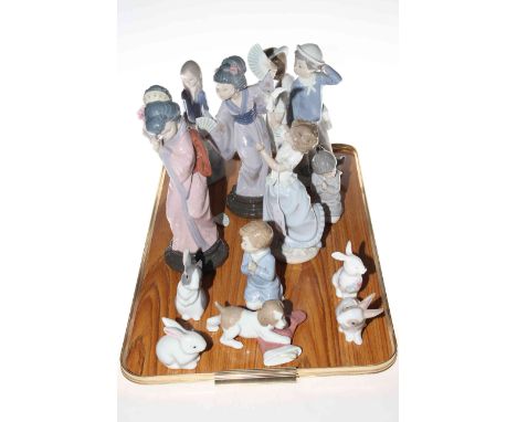 Three Lladro figures of young couple and Oriental girls and collection of mostly Nao figures (12)