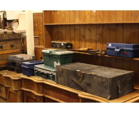 Large quantity of hand and power tools in various tool boxes
