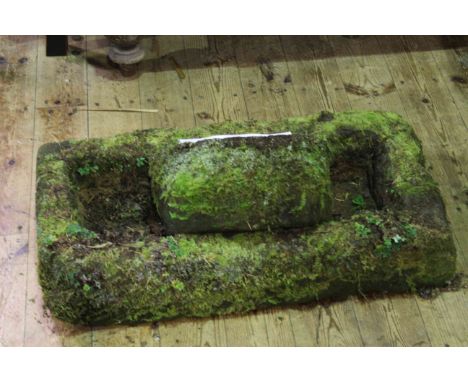 Weathered rectangular shallow garden trough, 72cm by 36cm by 15cm and small weathered demi lune trough (2)