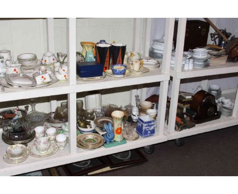 Two mantel clocks, Oriental and other teawares, Sylvac rabbit, cutlery, glassware and collectables, prints etc