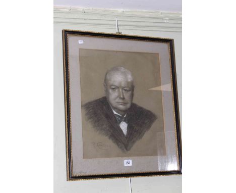 Mixed media portrait of Winston Churchill, 42.5cm by 34.5cm, in glazed frame