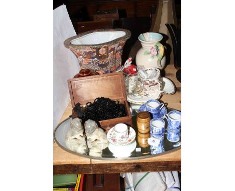 Oriental planter, Clarice Cliff jug, oval mirror, Carlton ware, Dunhill tobacco jar, pair Meissen plates, jewellery, etc