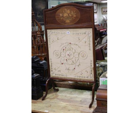 Edwardian inlaid mahogany needlework panel firescreen