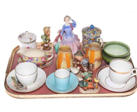 Tray lot with Royal Doulton figure, Hummel, Shelley, etc