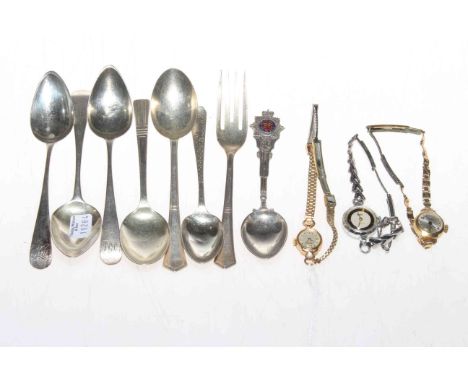 Three ladies watches and silver teaspoons and fork