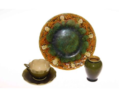 Linthorpe Pottery cup and saucer, moulded plate and small vase (3)