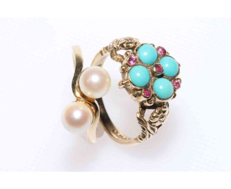 9 carat gold turquoise and ruby ring and a 9 carat gold twin pearl ring (2)