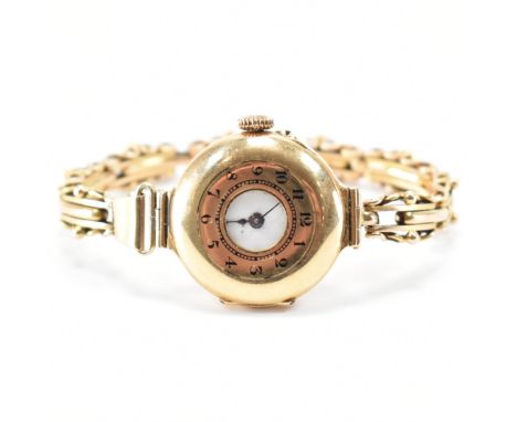 Victorian 15ct gold ladies dress watch and fence link bracelet strap. Half hunter case with enamel dial and breguet hands. In