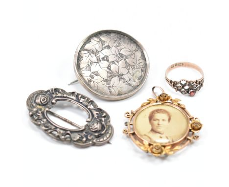 A collection of antique gold and silver jewellery. The lot to include a gold ring marked 833 (20ct gold), a Victorian round s