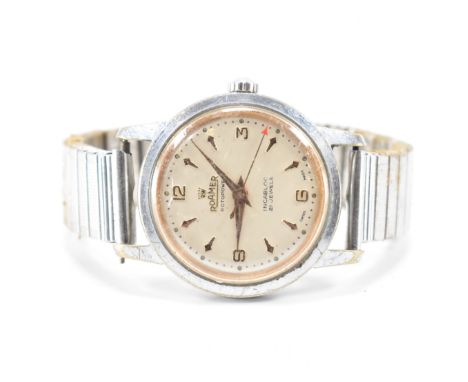 Vintage mid century Roamer ' Rotopower ' Incabloc 21 jewel wristwatch. Stainless steel expanding bracelet to champagne dial w