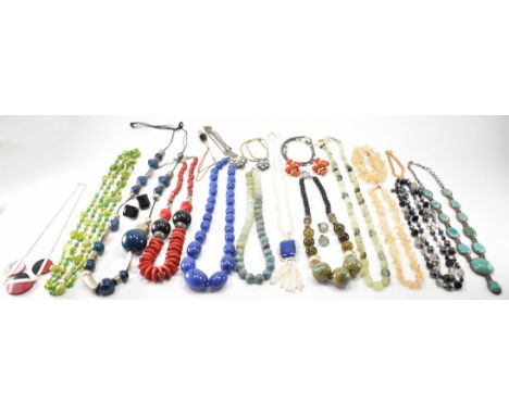 A selection of vintage costume jewellery. The lot to include a blue plastic beaded necklace, a hematite and cultured pearl be