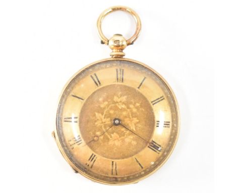 18ct gold open faced key wind pocket watch. Chase engine turned decorated face with roman numeral chapter ring. Armorial cart