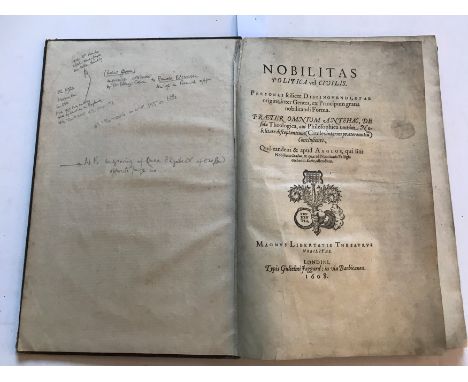 [GLOVER (Robert)]Nobilitas Politica vel Civilis. London: William Jaggard, 1608, folio, lacks initial blank, printer's woodcut