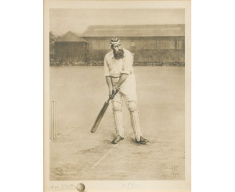 Cricket, Dr W G Grace.Photogravure portrait of Grace at the crease, after Archibald James Stewart Wortley, published by Manso
