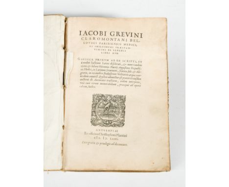 GRÉVIN (Jacques)De Venenis Libri Duo. Antwerp: Christophe Plantin 1571, 8vo, title with engraved vignette, numerous woodcuts 