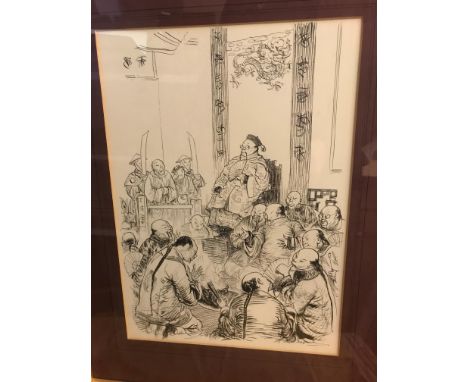 SHEPARD, Ernest HowardChinese courtroom scene with prisoners at the bar, pen and ink drawing [possibly for Punch Magazine], s