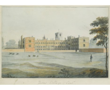 Jesus College Cambridge.Thomas Cartwright after Richard Harraden, aquatint and watercolour, published 1798, trimmed to image,