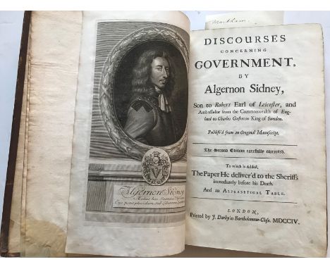 SIDNEY (Algernon)Discourses concerning Government, 2nd edition London 1704, folio, portrait frontispiece, panel calf with lat