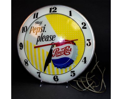 Rare double glass ad-clock for iconic Americanï¿½Pepsi Cola. Two internal light fixtures.Pepsi cola company, one of America's