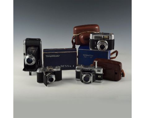 German cameras from 40's-50's- chrome and leather, 2 in box.Includes a Bessa I model folding 120 roll film camera in silvered