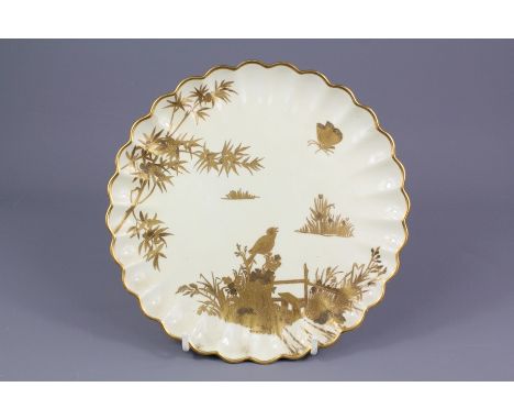 A Spode Enamel Gilded Cabinet Plate, depicting a bird and butterflies, incised factory marks to base, approx 21 cms together 