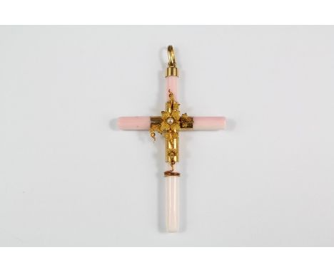 An 18ct Antique Yellow Gold, Seed Pearl and Coral Cross&nbsp;Pendant, approx 62 x 35 mm, approx 3.8 gms. (tested) together wi