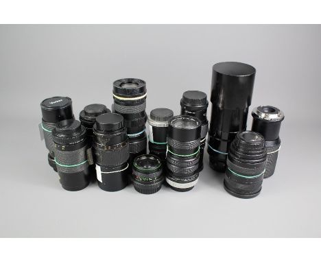 A Quantity of Camera Lenses; the lenses including an Optomax Auto Zoom 85-205mm lens (missing base mount); Hanimex Auto Zoom 