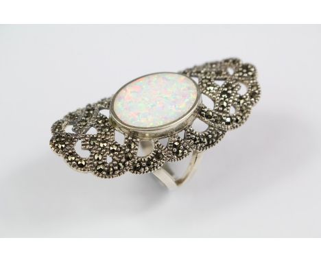 A Silver Marcasite and Opal Panel Ring, size P, the opal approx 17 x 12mm.