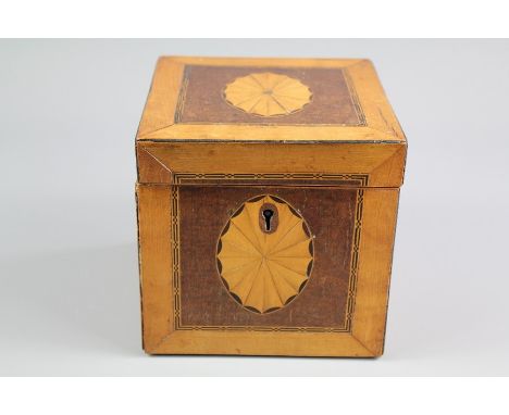 An Antique Satin and Fruit Wood Tea Caddy; the caddy depicting a shell motif to top and side with decorative inlay, in the Sh