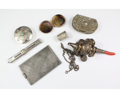 Miscellaneous Silver Lot, comprising a Victorian Silver Rattle, Birmingham hallmark, dated 1882, mm Hilliard & Thomason with 