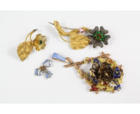 Antique 9ct Gold and Enamel Floral Pendant, the pendant approx 55 x 35 mm 7 gms together with another 14/15ct gold leaf brooc