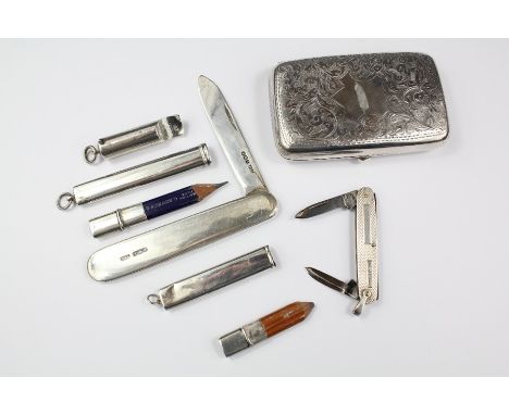 Miscellaneous Silver; the silver includes one cigarette case, Birmingham hallmark dated 1907, mm H.W Ltd, two silver pencil p