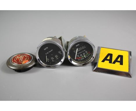 Two Smith Car Gauges; together with MG Midget horn button and AA badge.&nbsp;