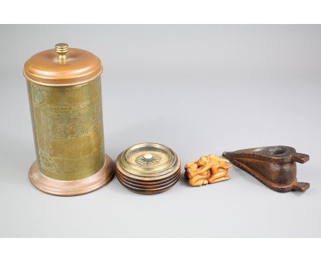 Miscellaneous Items -&nbsp; this lot comprises antique circular wood-framed compass; approx 7.5 x 3 cms together with a taper