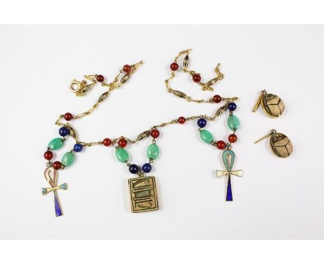 Antique Egyptian 9ct Gold and Semi-Precious Stone and Enamel Coptic Necklace, approx 36 cms together with a pair of scarab be