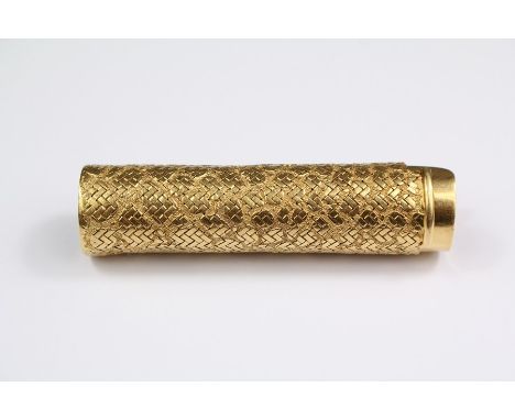 An 18ct Gold Cartier Bic Lighter Cover, the cover having a woven stippled design, engraved Cartier nr 6892 with press-in top 