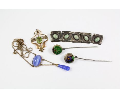 Miscellaneous Jewellery, including five Arts &amp; Crafts Liberty-style buttons, two enamel stick pins, blue glass necklace a