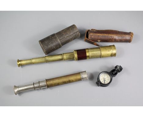 A 19th Century Four Drawer Pocket Telescope, unmarked together with another late 19th Century B P Telescout (Boy Scout) three