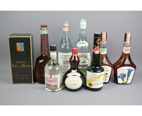 Nine Bottles of Varying Types of Grappa; together with three bottles of Aquavite. (12)
