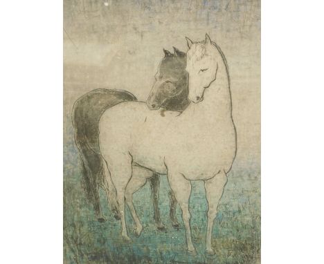 Pan Yuliang (Chinese, 1895-1977). Horses, watercolour, signed in script with red seal, 55cm x 36cm,  Partial label verso titl